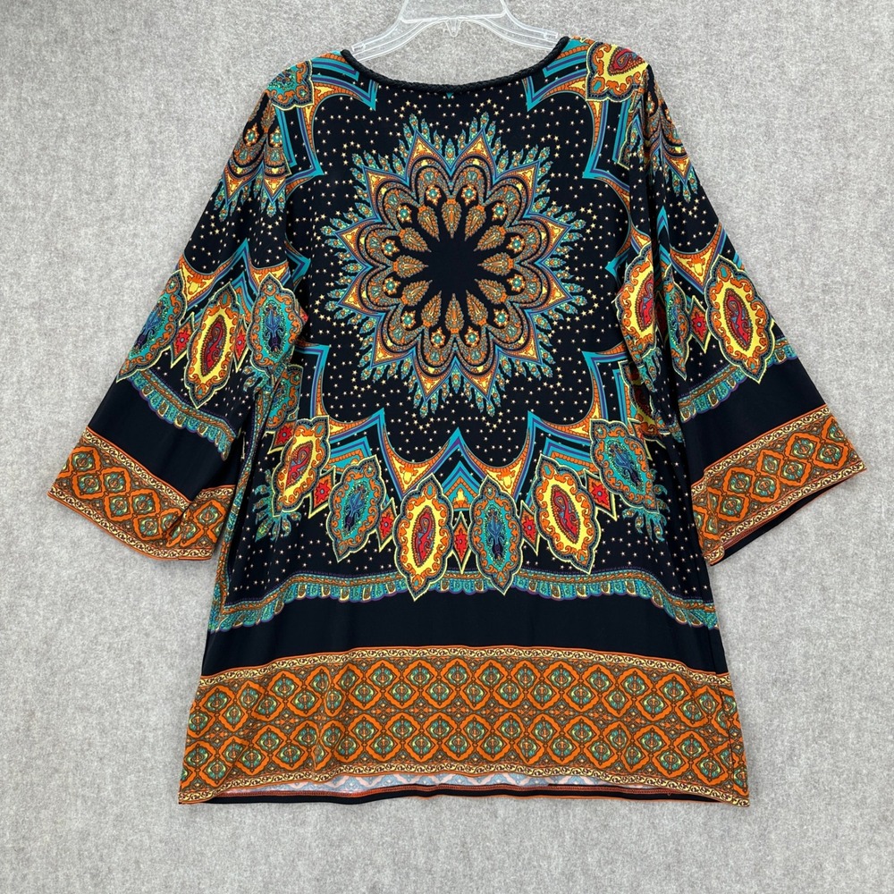 ECI Tunic Top 1X Stretchy Black Orange Paisley Medallion Tassel Boho - Picture 2 of 8